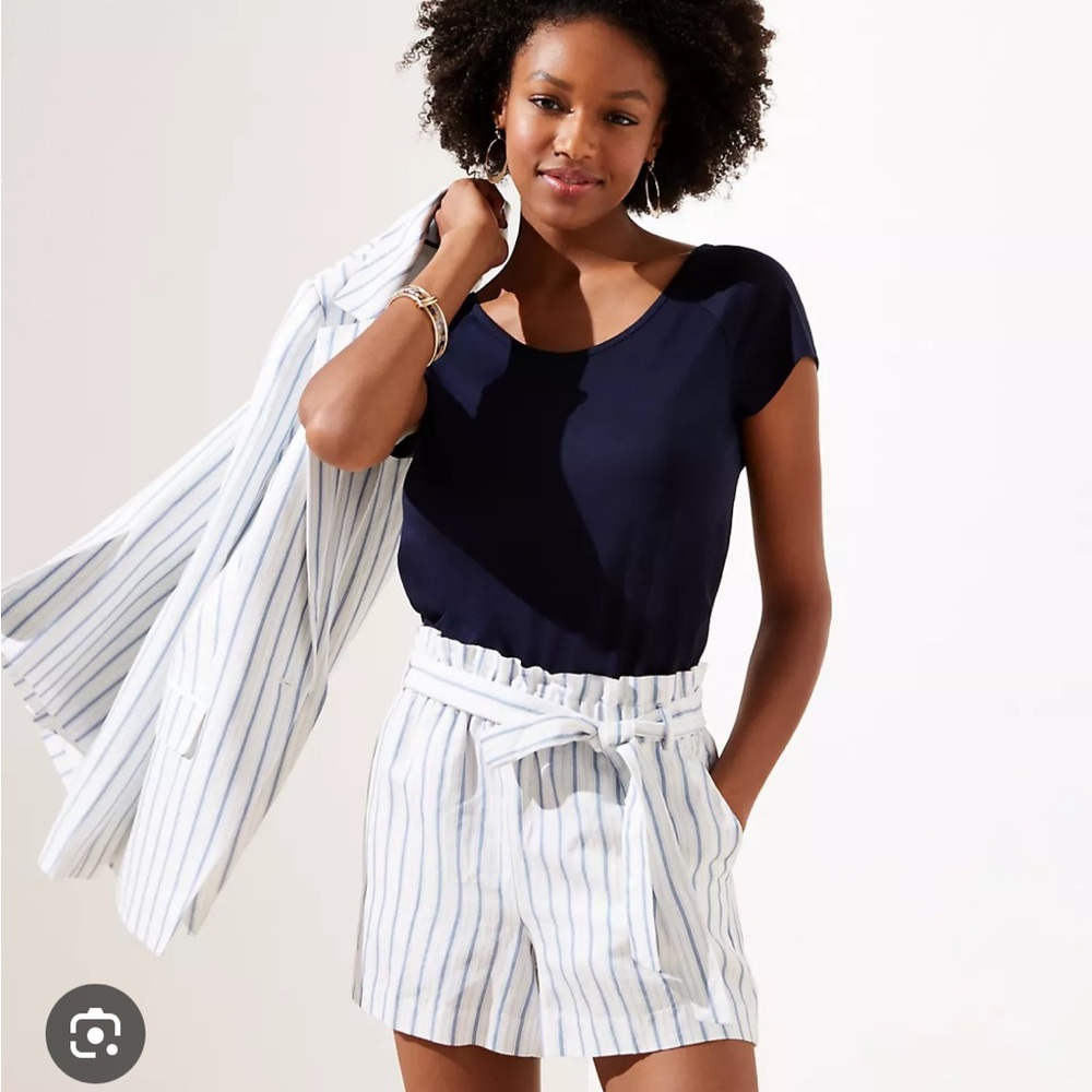 Loft strip linen blend blazer and tied waist shorts set